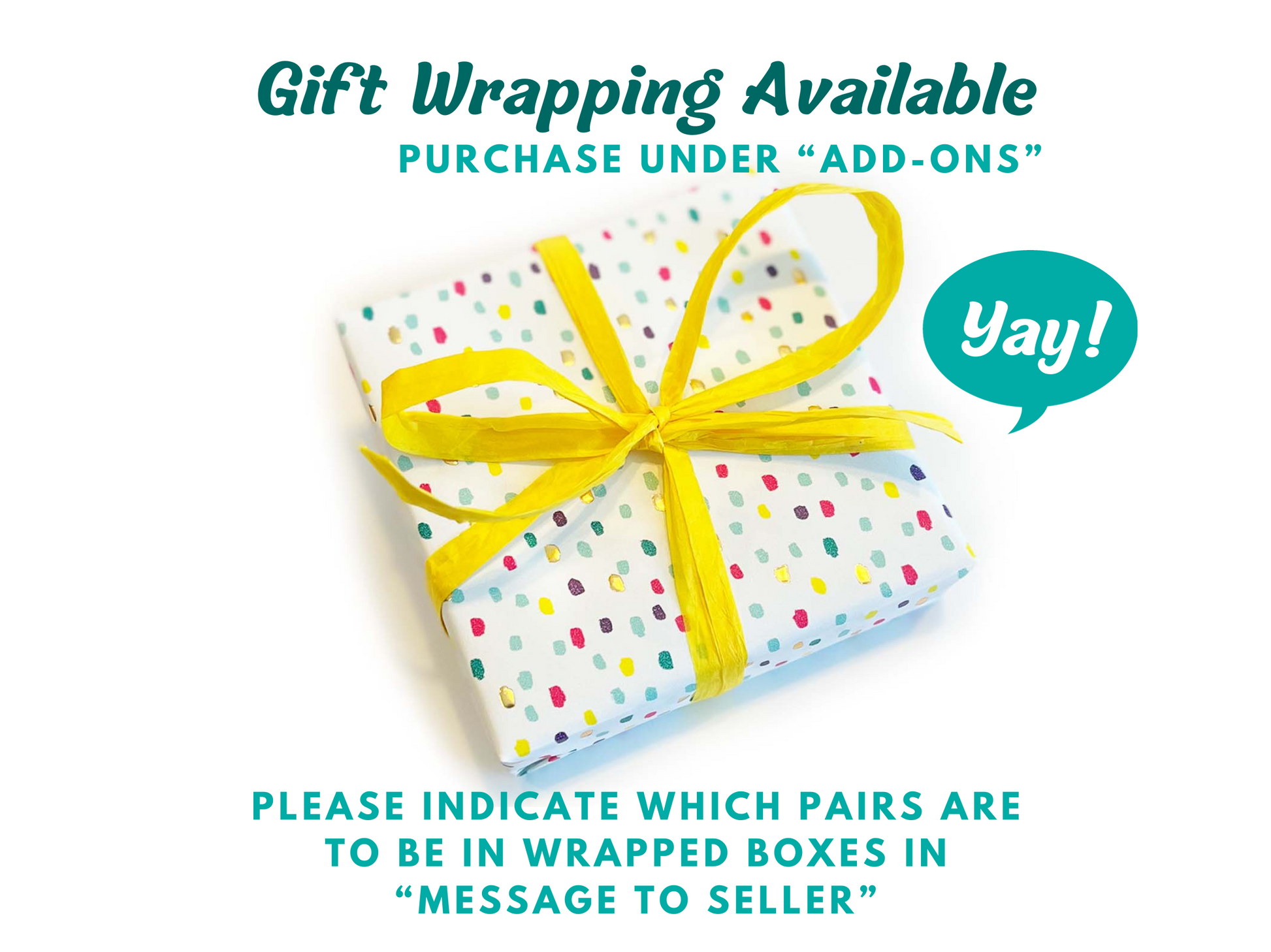 a gift wrapped in polka dot paper with a yellow ribbon