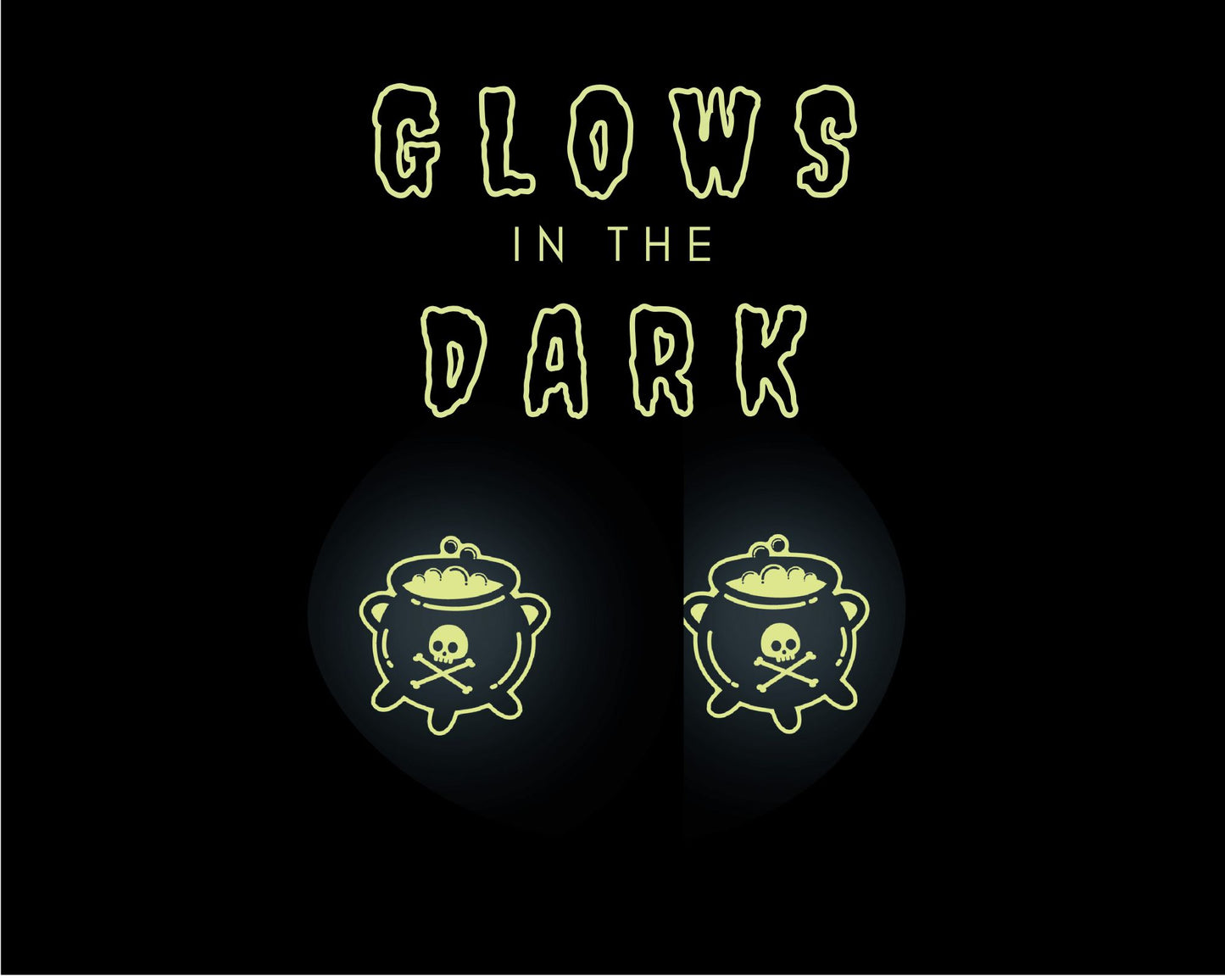 two pots with skull and crossbones symbols, and the text "GLOWS IN THE DARK" is displayed above them.
