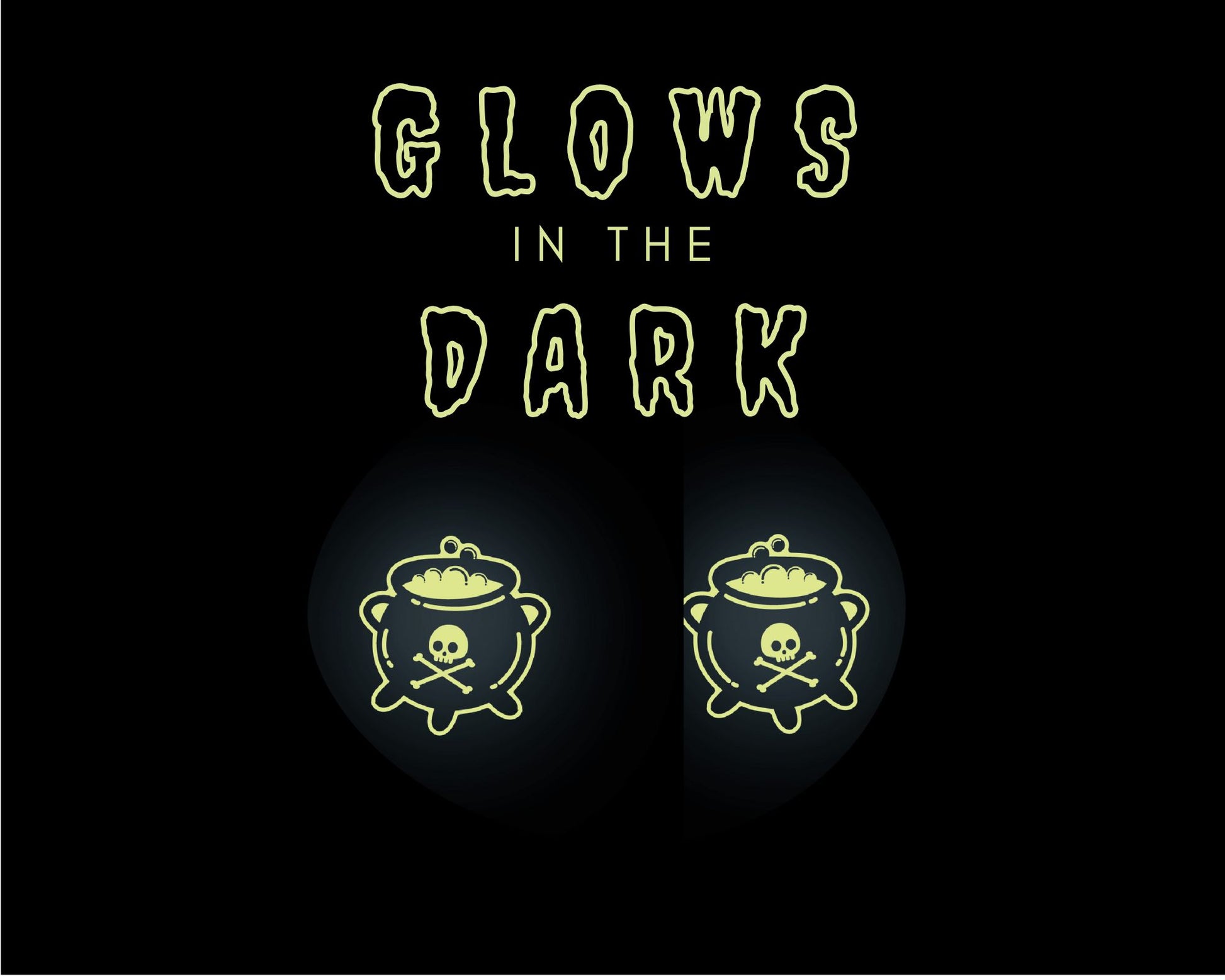two pots with skull and crossbones symbols, and the text "GLOWS IN THE DARK" is displayed above them.