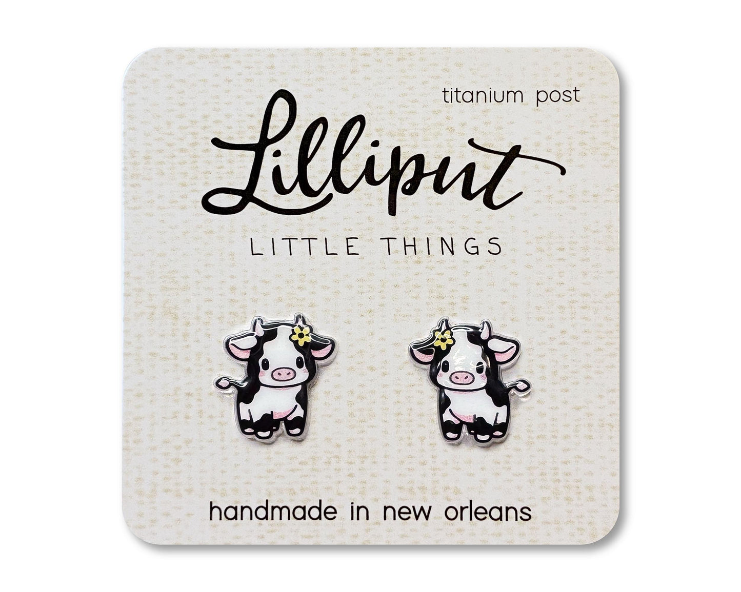 Baby Cow Earrings // Kawaii Cow Acrylic Studs with Titanium Posts // Nickel Free Earrings // Kawaii Animal Earrings // Farm Animal Earrings