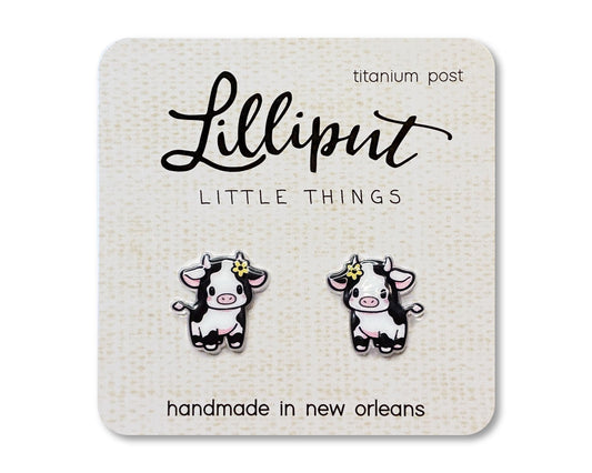 Baby Cow Earrings // Kawaii Cow Acrylic Studs with Titanium Posts // Nickel Free Earrings // Kawaii Animal Earrings // Farm Animal Earrings