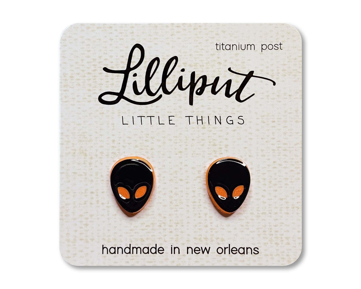 Black Alien Earrings (Black / Neon Orange) : Titanium Posts, Hypoallergenic, Waterproof Earrings