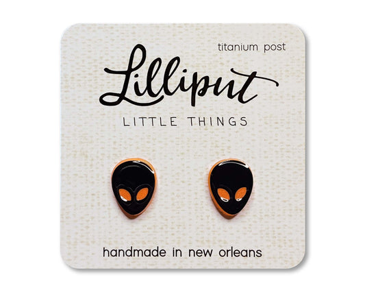 Black Alien Earrings (Black / Neon Orange) : Titanium Posts, Hypoallergenic, Waterproof Earrings
