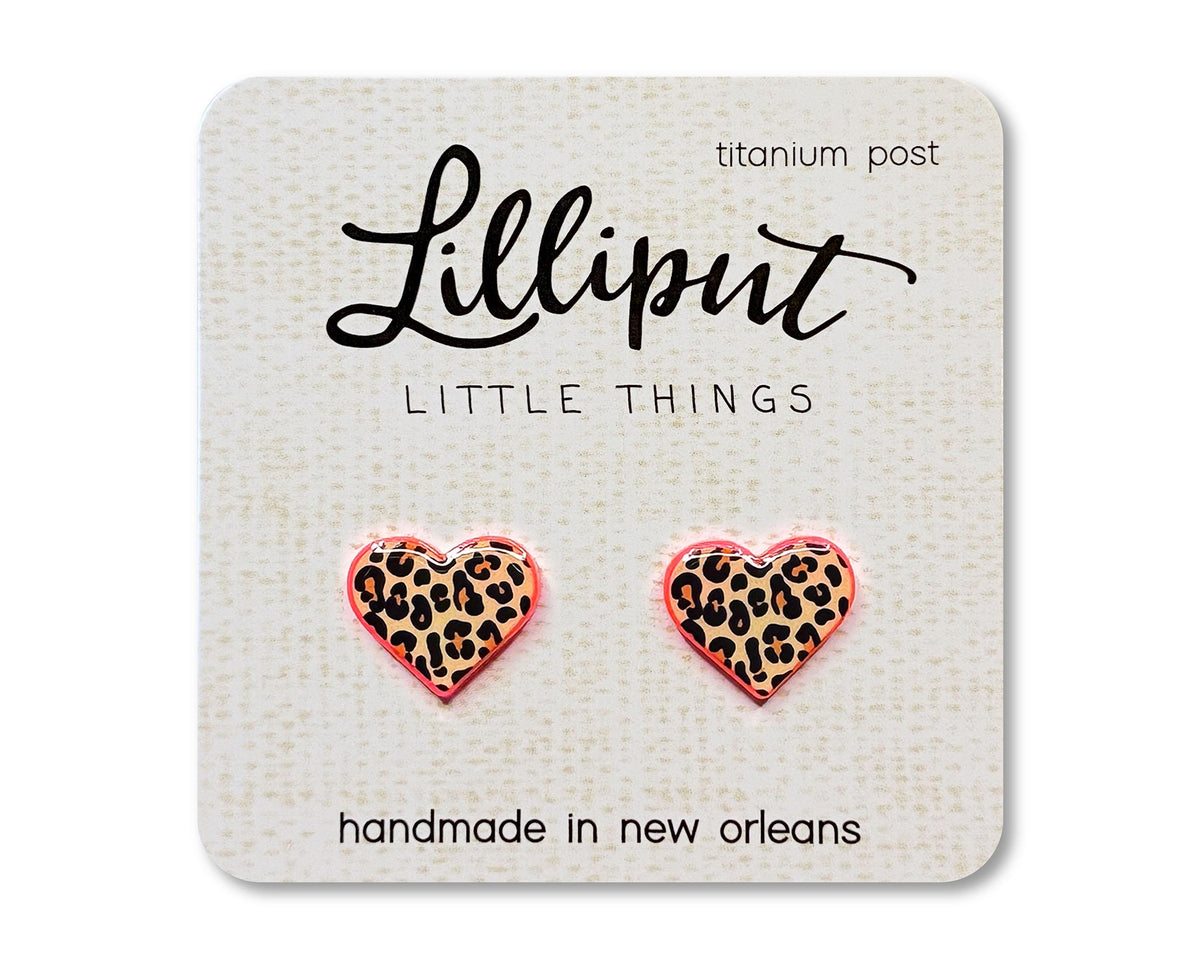 Leopard Print Heart Earrings // Leopard Studs on Neon Pink Acrylic