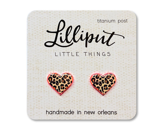 Leopard Print Heart Earrings // Leopard Studs on Neon Pink Acrylic