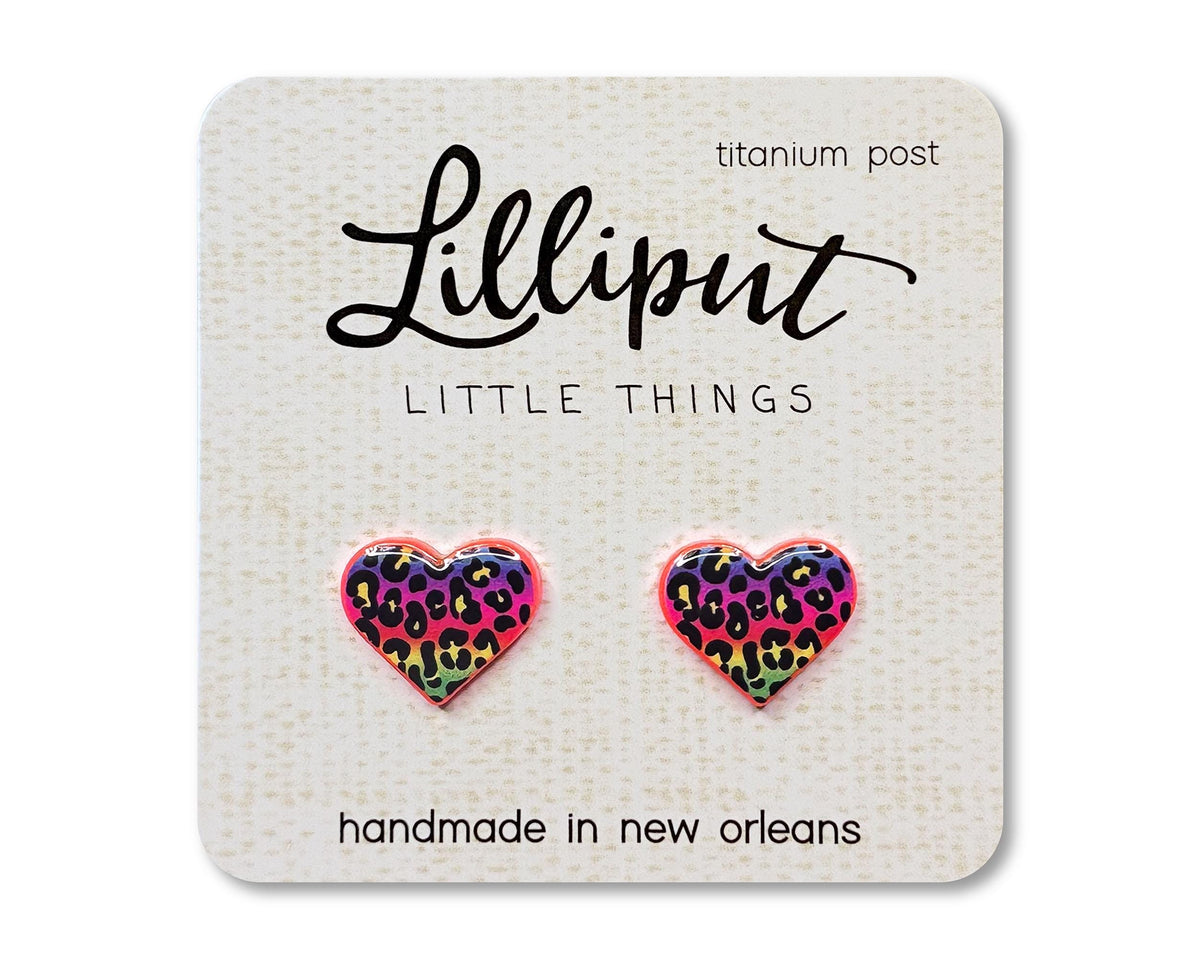 Retro Neon Rainbow Leopard Heart Earrings // Neon Pink Acrylic Titanium Studs