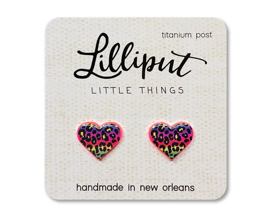 Retro Neon Rainbow Leopard Heart Earrings // Neon Pink Acrylic Titanium Studs